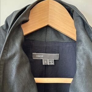 Vince Dark Blue Leather Jacket with Asymmetric Zipper Closure